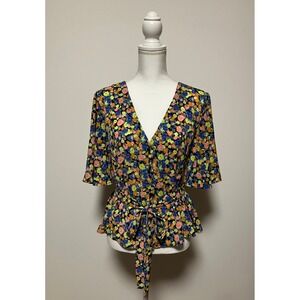 ASOS DESIGN Women Peplum Top Size 14 Multi-Color Floral Tie Waist Flutter Sleeve